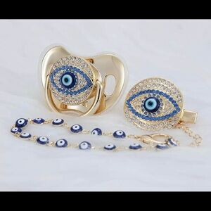 Gold Evil Eye Pacifier and Clip Set